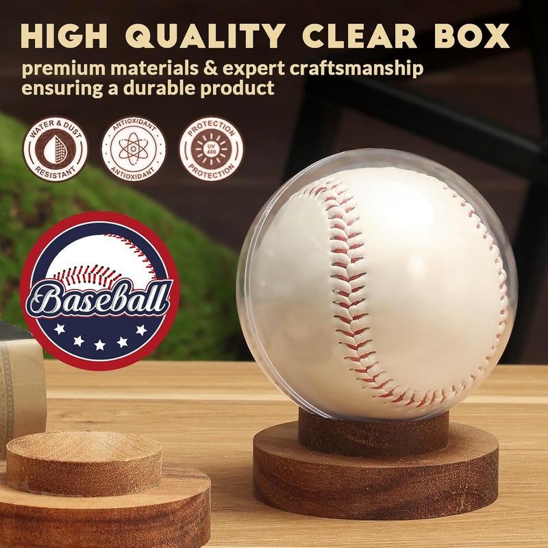 JupDec Baseball Display Case, Round Clear Ball Holder with Wooden Base, Autograph Baseball Stand Box for Single Ball, Acacia Wood, Brown, 4 Pack - Image 2
